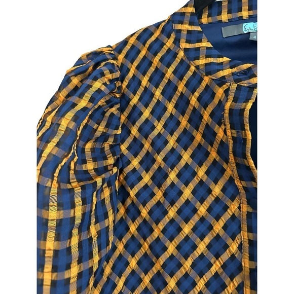 Eva Franco ANTHROPOLOGIE Navy Orange Checked Plaid Puff Sleeve Top Blouse - Sz 4 - Picture 4 of 7
